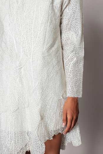 Shop_Anurag Gupta_White Organza Round Neck Leaf Short Dress _Online_at_Aza_Fashions