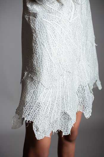 Anurag Gupta_White Organza Round Neck Leaf Short Dress _at_Aza_Fashions