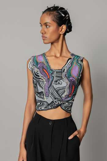 Shop_Anurag Gupta_Multi Color Crepe Scoop Neck Embroidered Cropped Top And Pant Set _Online_at_Aza_Fashions