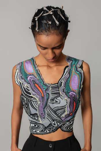 Anurag Gupta_Multi Color Crepe Scoop Neck Embroidered Cropped Top And Pant Set _at_Aza_Fashions