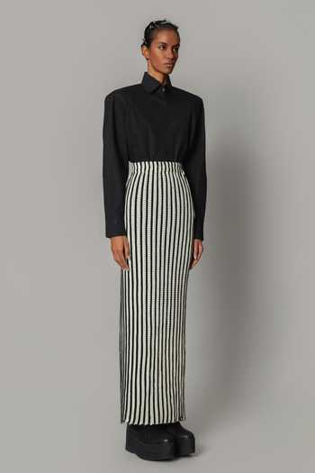Shop Anurag Gupta Black Knit Stripe Pattern Skirt Online at Aza Fashions Shop_Anurag Gupta_Black Knit Stripe Pattern Skirt _Online_at_Aza_Fashions