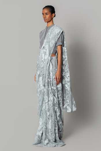 Anurag Gupta_Grey Mandarin Collar Applique Work Pre-draped Saree With Blouse _Online_at_Aza_Fashions