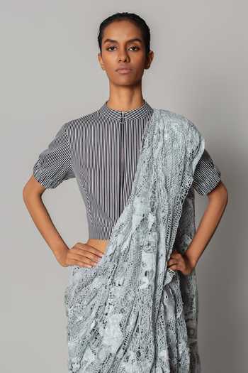 Buy_Anurag Gupta_Grey Mandarin Collar Applique Work Pre-draped Saree With Blouse _Online_at_Aza_Fashions