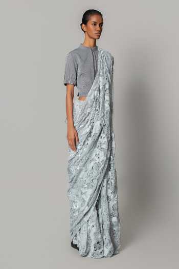 Shop_Anurag Gupta_Grey Mandarin Collar Applique Work Pre-draped Saree With Blouse _Online_at_Aza_Fashions