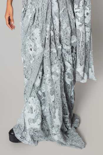 Anurag Gupta_Grey Mandarin Collar Applique Work Pre-draped Saree With Blouse _at_Aza_Fashions