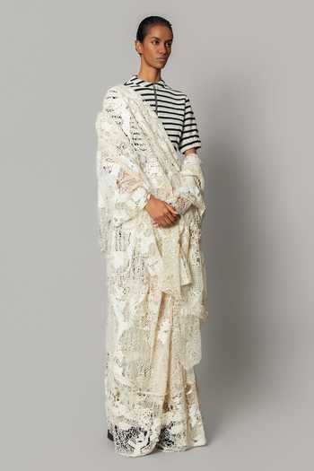 Anurag Gupta_Off White High Neck Embroidered Pre-draped Saree With Blouse _at_Aza_Fashions