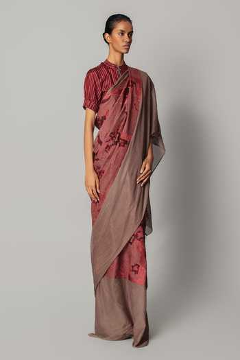 Anurag Gupta_Red Net Mandarin Collar Embroidered Draped Saree With Blouse _Online_at_Aza_Fashions