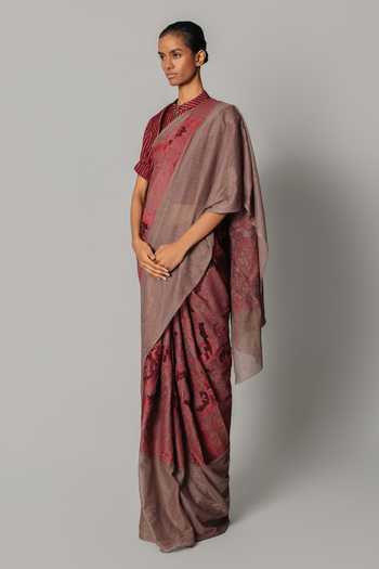 Buy_Anurag Gupta_Red Net Mandarin Collar Embroidered Draped Saree With Blouse _Online_at_Aza_Fashions
