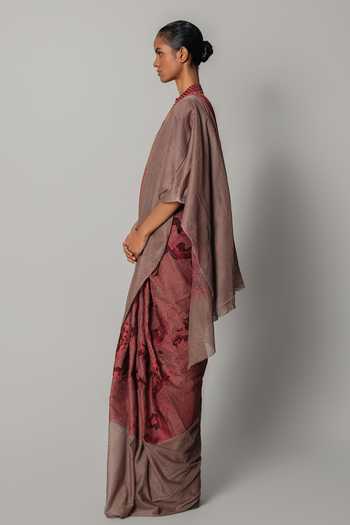 Shop_Anurag Gupta_Red Net Mandarin Collar Embroidered Draped Saree With Blouse _Online_at_Aza_Fashions