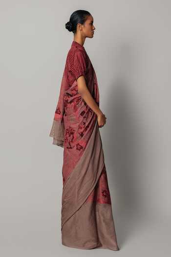 Anurag Gupta_Red Net Mandarin Collar Embroidered Draped Saree With Blouse _at_Aza_Fashions