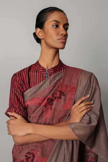 Buy_Anurag Gupta_Red Net Mandarin Collar Embroidered Draped Saree With Blouse 