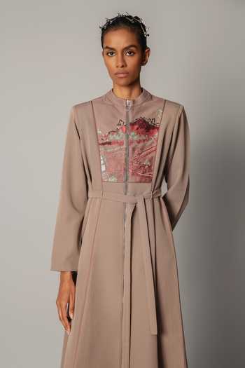 Anurag Gupta_Brown Crepe Mandarin Collar Hokusai Embroidered Dress _Online_at_Aza_Fashions
