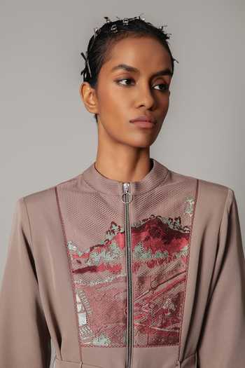Buy_Anurag Gupta_Brown Crepe Mandarin Collar Hokusai Embroidered Dress _Online_at_Aza_Fashions