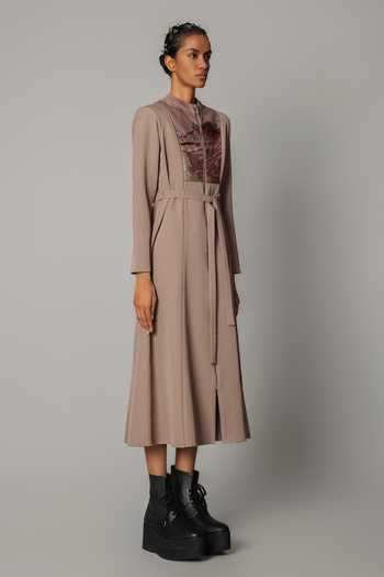 Shop_Anurag Gupta_Brown Crepe Mandarin Collar Hokusai Embroidered Dress _Online_at_Aza_Fashions