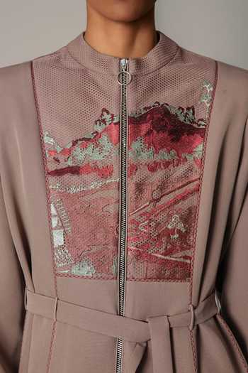 Anurag Gupta_Brown Crepe Mandarin Collar Hokusai Embroidered Dress _at_Aza_Fashions