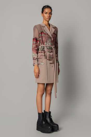 Anurag Gupta_Brown Crepe Collared Neck Embroidered Hokusai Dress _at_Aza_Fashions