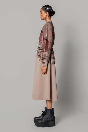 Anurag Gupta_Brown Crepe Mandarin Collar Hokusai Embroidered Midi Dress _Online_at_Aza_Fashions