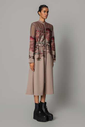 Shop_Anurag Gupta_Brown Crepe Mandarin Collar Hokusai Embroidered Midi Dress _Online_at_Aza_Fashions