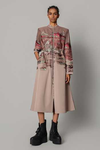 Anurag Gupta_Brown Crepe Mandarin Collar Hokusai Embroidered Midi Dress _at_Aza_Fashions