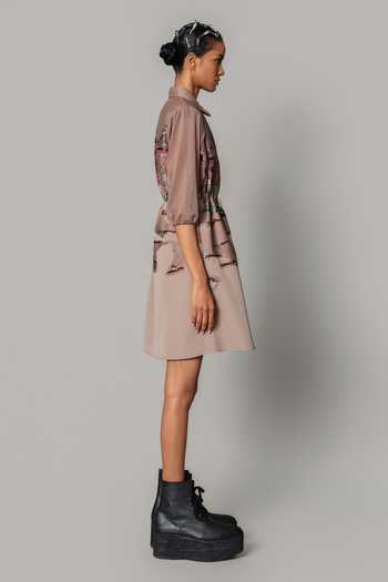 Anurag Gupta_Brown Crepe Collared Neck Hokusai Embroidered Short Dress _Online_at_Aza_Fashions