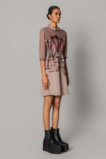 Shop_Anurag Gupta_Brown Crepe Collared Neck Hokusai Embroidered Short Dress _Online_at_Aza_Fashions