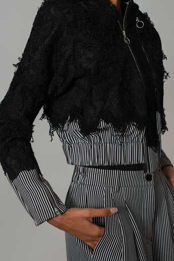 Buy_Anurag Gupta_Black Crepe Stripe Pattern Bomber Jacket _Online_at_Aza_Fashions