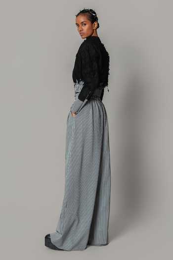 Shop_Anurag Gupta_Black Crepe Stripe Pattern Bomber Jacket _Online_at_Aza_Fashions