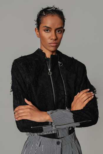 Anurag Gupta_Black Crepe Stripe Pattern Bomber Jacket _at_Aza_Fashions