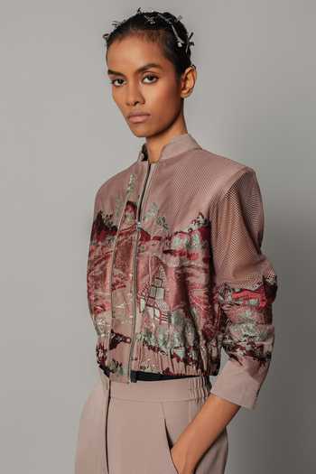 Anurag Gupta Brown Crepe Mandarin Collar Hokusai Embroidered Jacket at Aza Fashions Anurag Gupta_Brown Crepe Mandarin Collar Hokusai Embroidered Jacket _at_Aza_Fashions