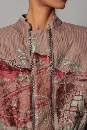 Buy Anurag Gupta Brown Crepe Mandarin Collar Hokusai Embroidered Jacket Buy_Anurag Gupta_Brown Crepe Mandarin Collar Hokusai Embroidered Jacket