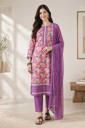 Jhambthreads Purple Pure Cotton, Chiffon Round Neck Floral Pattern Kurta Set Online at Aza Fashions Jhambthreads_Purple Pure Cotton, Chiffon Round Neck Floral Pattern Kurta Set _Online_at_Aza_Fashions