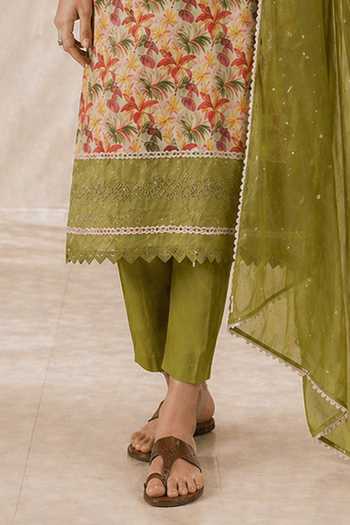 Jhambthreads Green Chiffon, Pure Cotton Split V-neck Embroidered And Printed Kurta Set Online at Aza Fashions Jhambthreads_Green Chiffon, Pure Cotton Split V-neck Embroidered And Printed Kurta Set _Online_at_Aza_Fashions