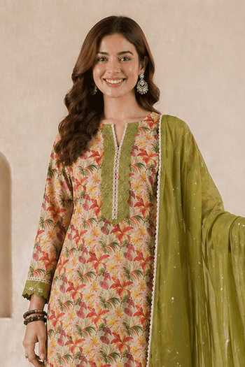 Buy Jhambthreads Green Chiffon, Pure Cotton Split V-neck Embroidered And Printed Kurta Set Online at Aza Fashions Buy_Jhambthreads_Green Chiffon, Pure Cotton Split V-neck Embroidered And Printed Kurta Set _Online_at_Aza_Fashions