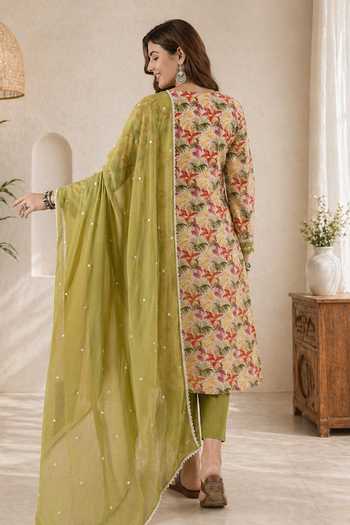 Shop Jhambthreads Green Chiffon, Pure Cotton Split V-neck Embroidered And Printed Kurta Set at Aza Fashions Shop_Jhambthreads_Green Chiffon, Pure Cotton Split V-neck Embroidered And Printed Kurta Set _at_Aza_Fashions