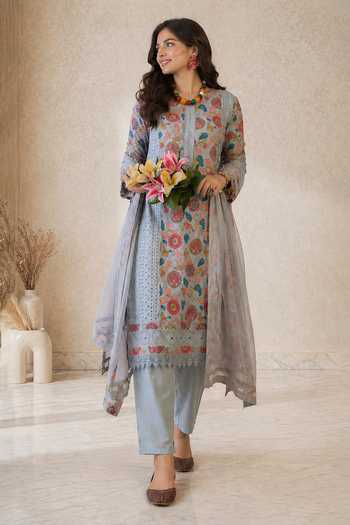 Buy Jhambthreads Sky Blue Cotton, Chiffon Round Neck, Yes Embroidered And Printed Kurta Set Online at Aza Fashions Buy_Jhambthreads_Sky Blue Cotton, Chiffon Round Neck, Yes Embroidered And Printed Kurta Set _Online_at_Aza_Fashions