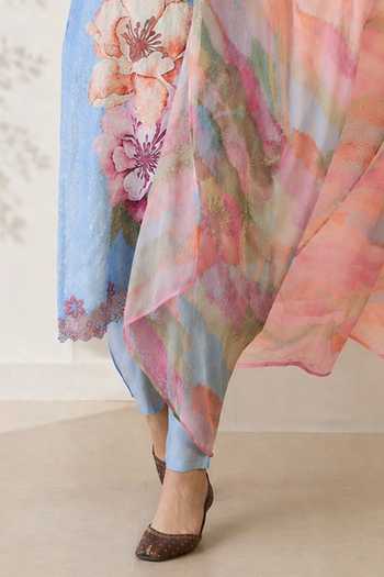 Jhambthreads Sky Blue Silk, Chiffon V-neck Printed Kurta Pant Set Online at Aza Fashions Jhambthreads_Sky Blue Silk, Chiffon V-neck Printed Kurta Pant Set _Online_at_Aza_Fashions