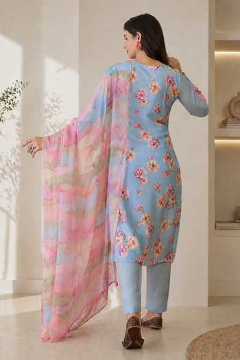 Shop Jhambthreads Sky Blue Silk, Chiffon V-neck Printed Kurta Pant Set at Aza Fashions Shop_Jhambthreads_Sky Blue Silk, Chiffon V-neck Printed Kurta Pant Set _at_Aza_Fashions