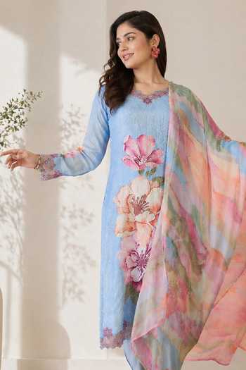 Shop Jhambthreads Sky Blue Silk, Chiffon V-neck Printed Kurta Pant Set Online at Aza Fashions Shop_Jhambthreads_Sky Blue Silk, Chiffon V-neck Printed Kurta Pant Set _Online_at_Aza_Fashions