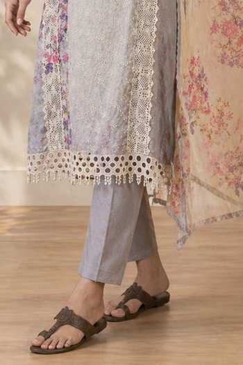 Jhambthreads_Grey Silk, Chiffon V-neck, Yes Printed Kurta Pant Set _Online_at_Aza_Fashions