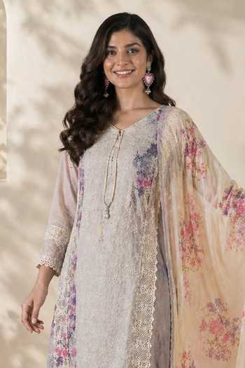 Buy_Jhambthreads_Grey Silk, Chiffon V-neck, Yes Printed Kurta Pant Set _Online_at_Aza_Fashions