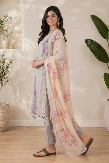 Shop_Jhambthreads_Grey Silk, Chiffon V-neck, Yes Printed Kurta Pant Set _Online_at_Aza_Fashions