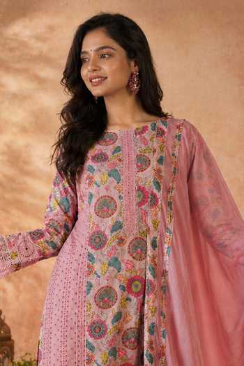 Jhambthreads Pink Chiffon, Pure Cotton Round Neck Printed Kurta Set Online at Aza Fashions Jhambthreads_Pink Chiffon, Pure Cotton Round Neck Printed Kurta Set _Online_at_Aza_Fashions