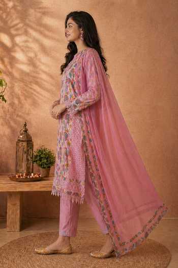 Shop Jhambthreads Pink Chiffon, Pure Cotton Round Neck Printed Kurta Set Online at Aza Fashions Shop_Jhambthreads_Pink Chiffon, Pure Cotton Round Neck Printed Kurta Set _Online_at_Aza_Fashions