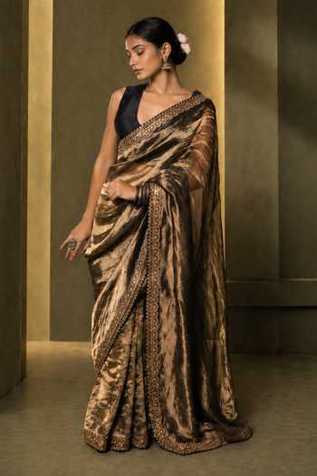 Jhambthreads Gold Silk, Tissue, Dupion Lace Border Saree And Unstitched Blouse Fabric Set Online at Aza Fashions Jhambthreads_Gold Silk, Tissue, Dupion Lace Border Saree And Unstitched Blouse Fabric Set _Online_at_Aza_Fashions
