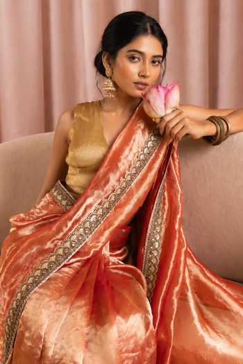 Jhambthreads_Gold Silk, Tissue, Dupion Lace Detailed Saree And Unstitched Blouse Set _Online_at_Aza_Fashions