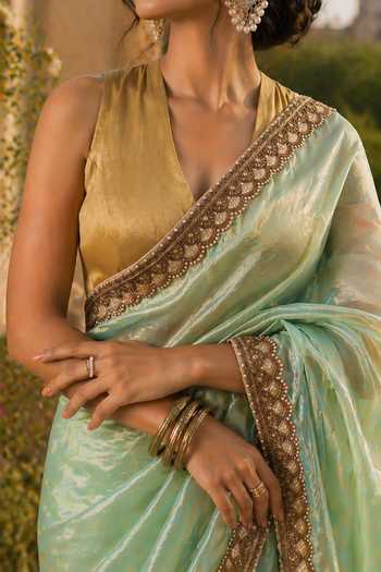 Jhambthreads_Blue Silk, Tissue, Dupion Lace Border Saree And Unstitched Blouse Fabric _Online_at_Aza_Fashions