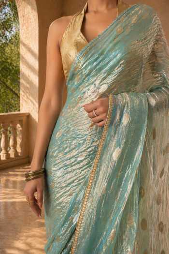 Jhambthreads Green Silk, Tissue, Dupion Saree And Unstitched Blouse Fabric Set Online at Aza Fashions Jhambthreads_Green Silk, Tissue, Dupion Saree And Unstitched Blouse Fabric Set _Online_at_Aza_Fashions