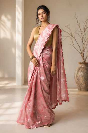Jhambthreads Cutwork Saree & Unstitched Blouse Fabric Set 