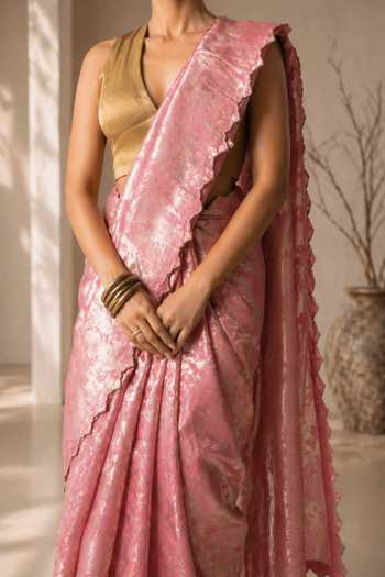 Buy_Jhambthreads_Pink Viscose, Jacquard, Silk, Cutwork Saree And Unstitched Blouse Fabric Set _Online_at_Aza_Fashions