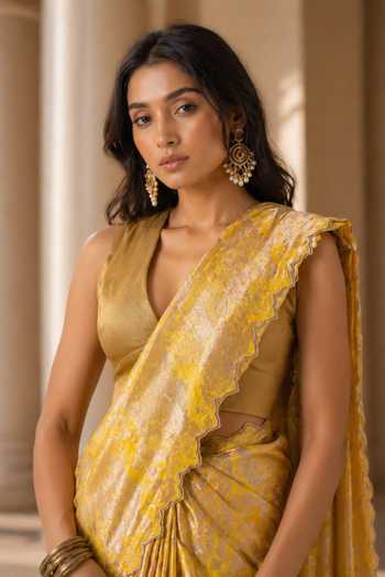 Jhambthreads_Yellow Silk, Viscose, Dupion, Scallop Embroidery Saree And Unstitched Blouse Set _Online_at_Aza_Fashions
